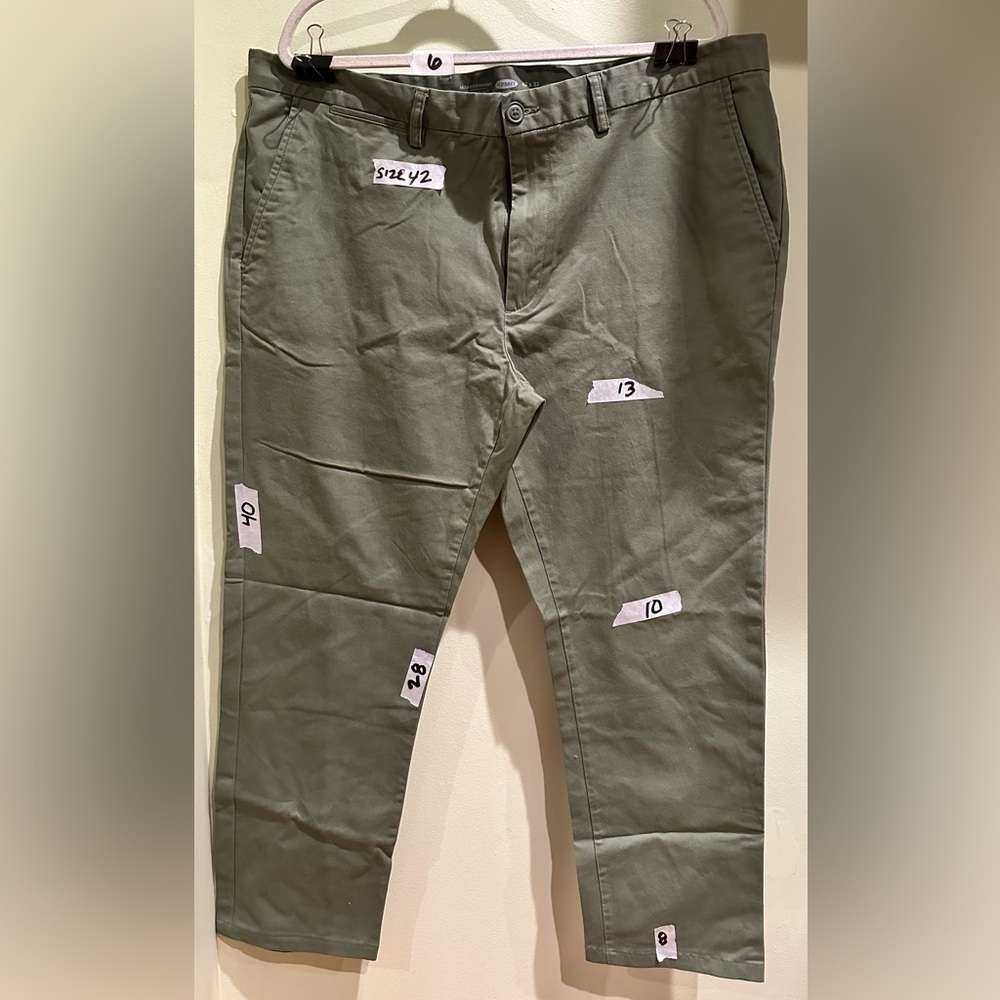 Old navy olive green chino pants, size 42 professionally altered